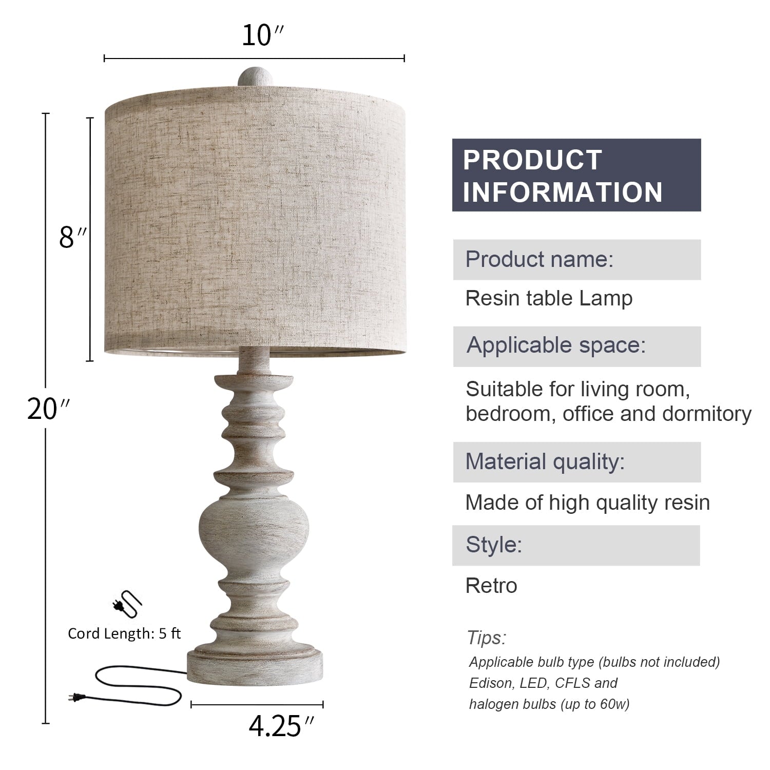 Oneach 20" Resin Table Lamps for Bedroom Lamps Set of 2 Retro Farmhouse Bedside Nightstand Lamp