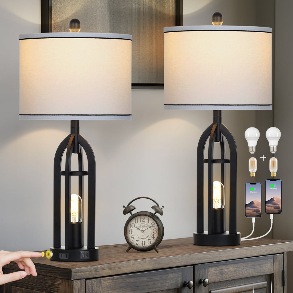 Cinkeda 3 Way Dimmable Table Lamp Set of 2 with AC Outlet USB A+C Charging Ports Touch Control Nightlight for Bedroom Living Room 27" Industrial Black Bedside Nightstand Lamps