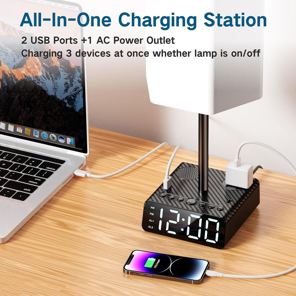 Black Alarm Clock Table Lamp, 3-way Dimmable Bedside Lamp with USB Port, Speaker and Radio - Touch Control, Suitable for Study Room, Bedroom