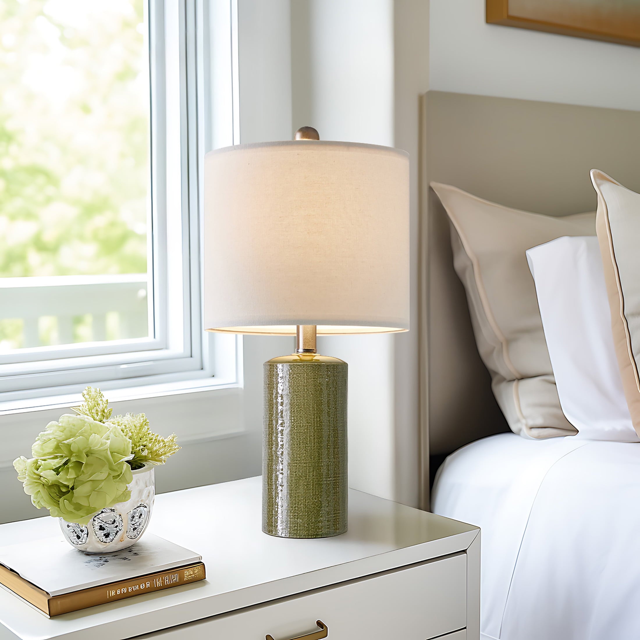 Oneach Modern Table Lamp Set of 2 for Living Room 20.25" Farmhouse Green Ceramic Bedside Nightstand Lamps for Bedroom