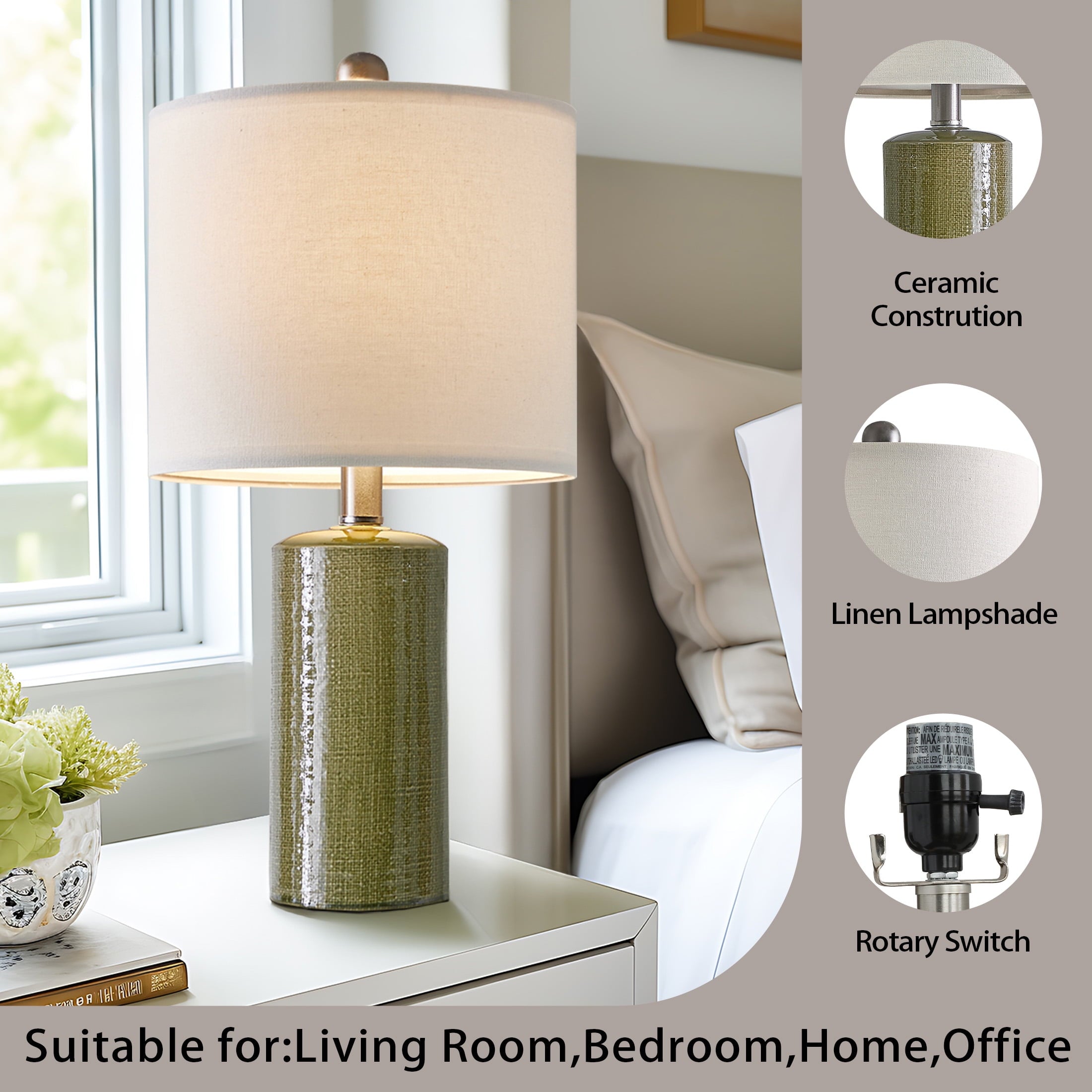 Oneach Modern Table Lamp Set of 2 for Living Room 20.25" Farmhouse Green Ceramic Bedside Nightstand Lamps for Bedroom