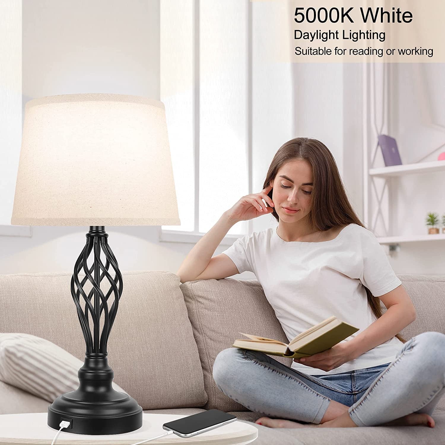 Partphoner 23.5'' Tall Farmhouse Living Room Bedside Table Lamps Set of 2 with 3-Color Temperature