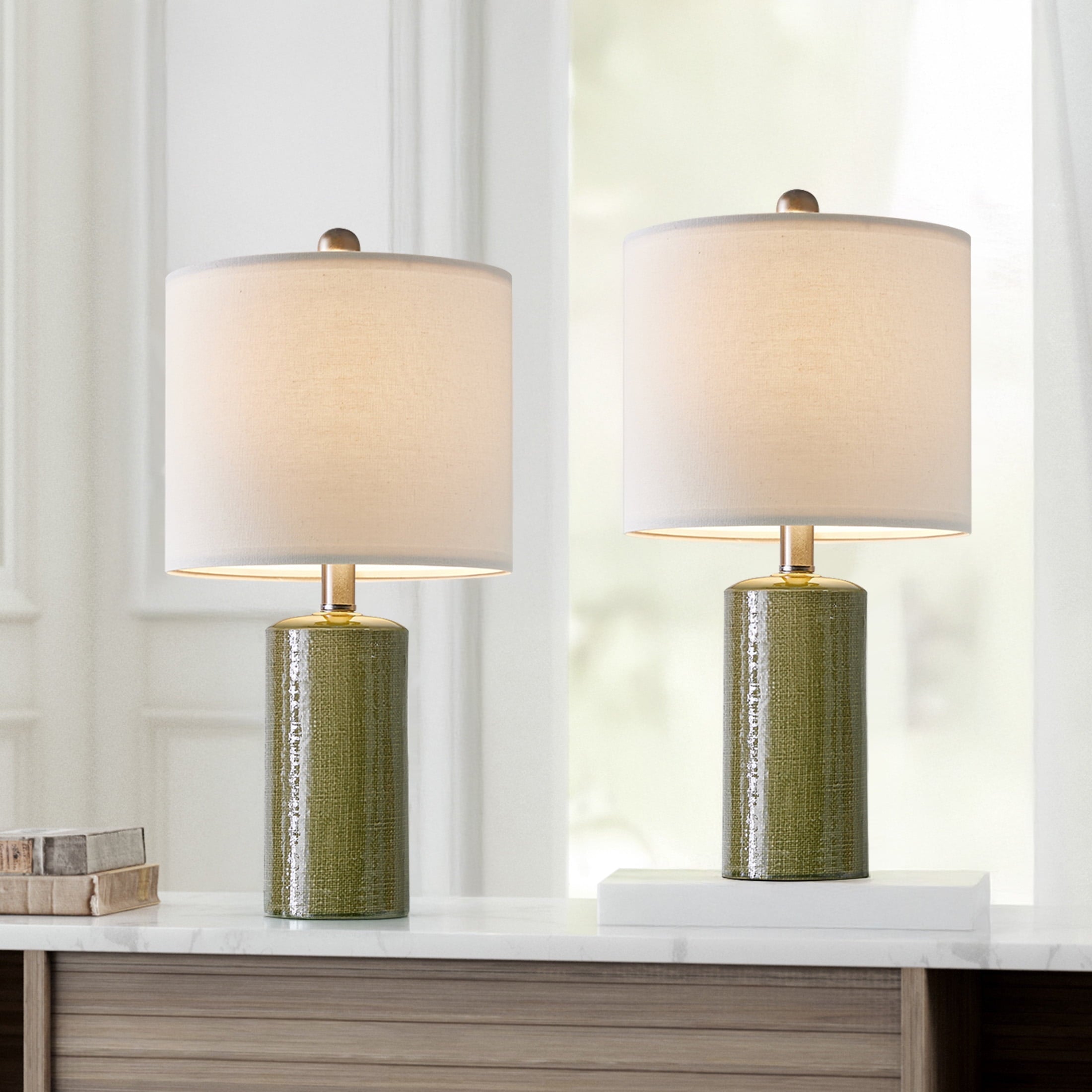 Oneach Modern Table Lamp Set of 2 for Living Room 20.25" Farmhouse Green Ceramic Bedside Nightstand Lamps for Bedroom