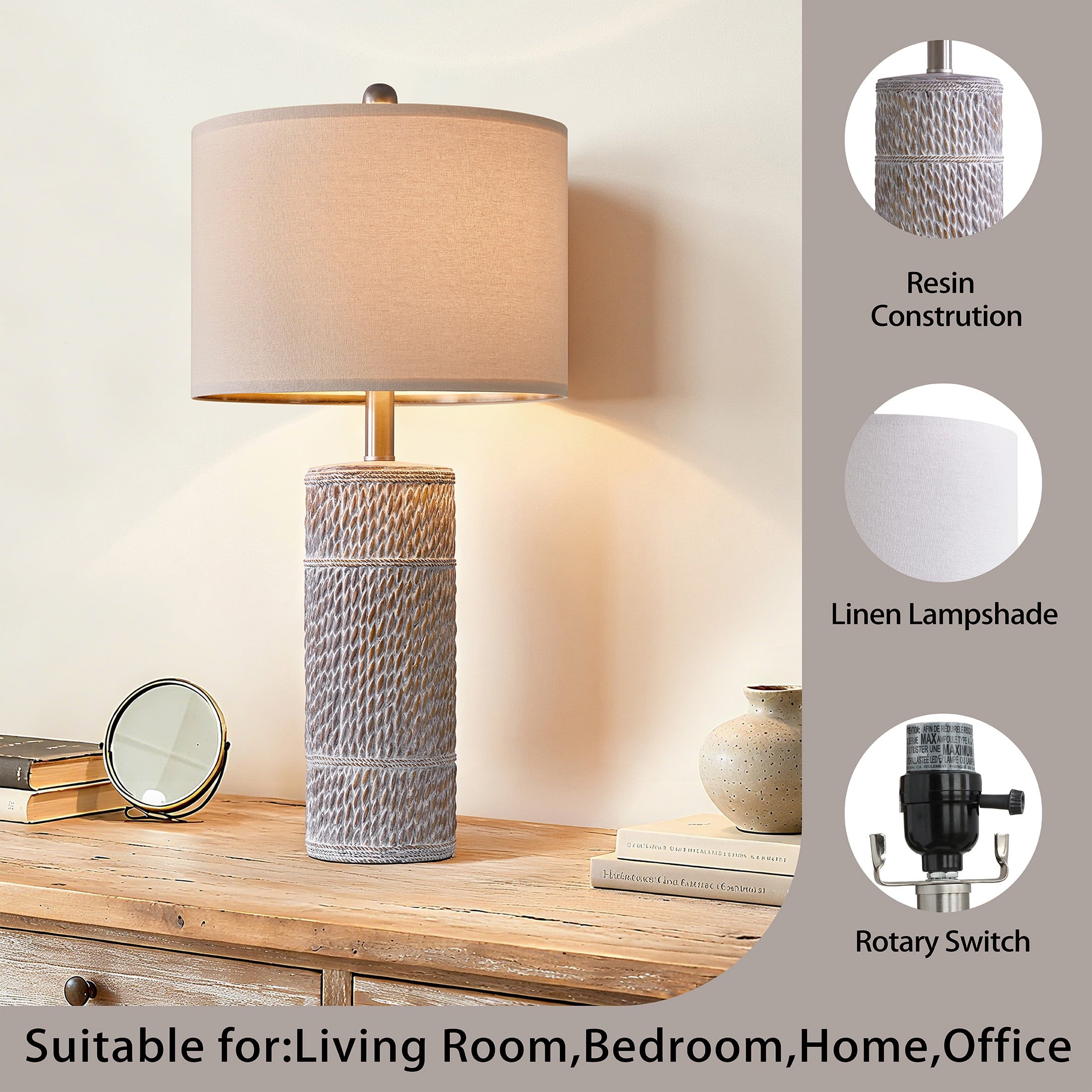 Oneach 25.5" Farmhouse Table Lamp Set of 2 for Bedroom Living Room Bedside Nightstand Lamps Resin Retro