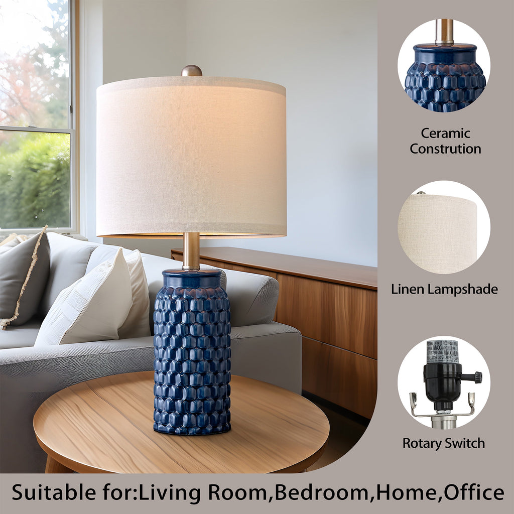 Oneach Modern Table Lamp Set of 2 for Bedroom Living Room 20.5" Contemporary Dark Blue Ceramic Bedside Nightstand Lamps