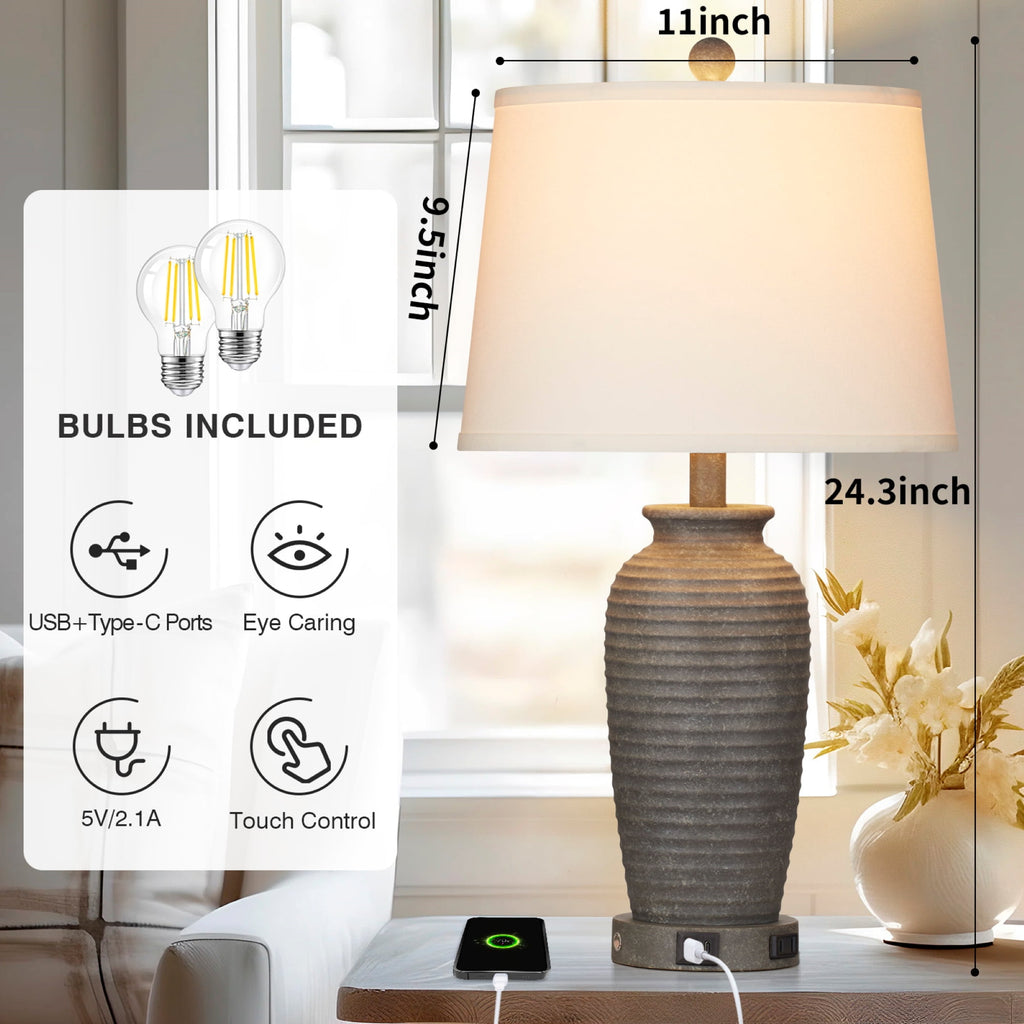Cinkeda 3 Way Dimmable Jar Table Lamp with USB A+C Ports AC Outlet for Bedroom Living Room Modern Farmhouse Touch Control Resin Single Bedside Nightstand Lamp