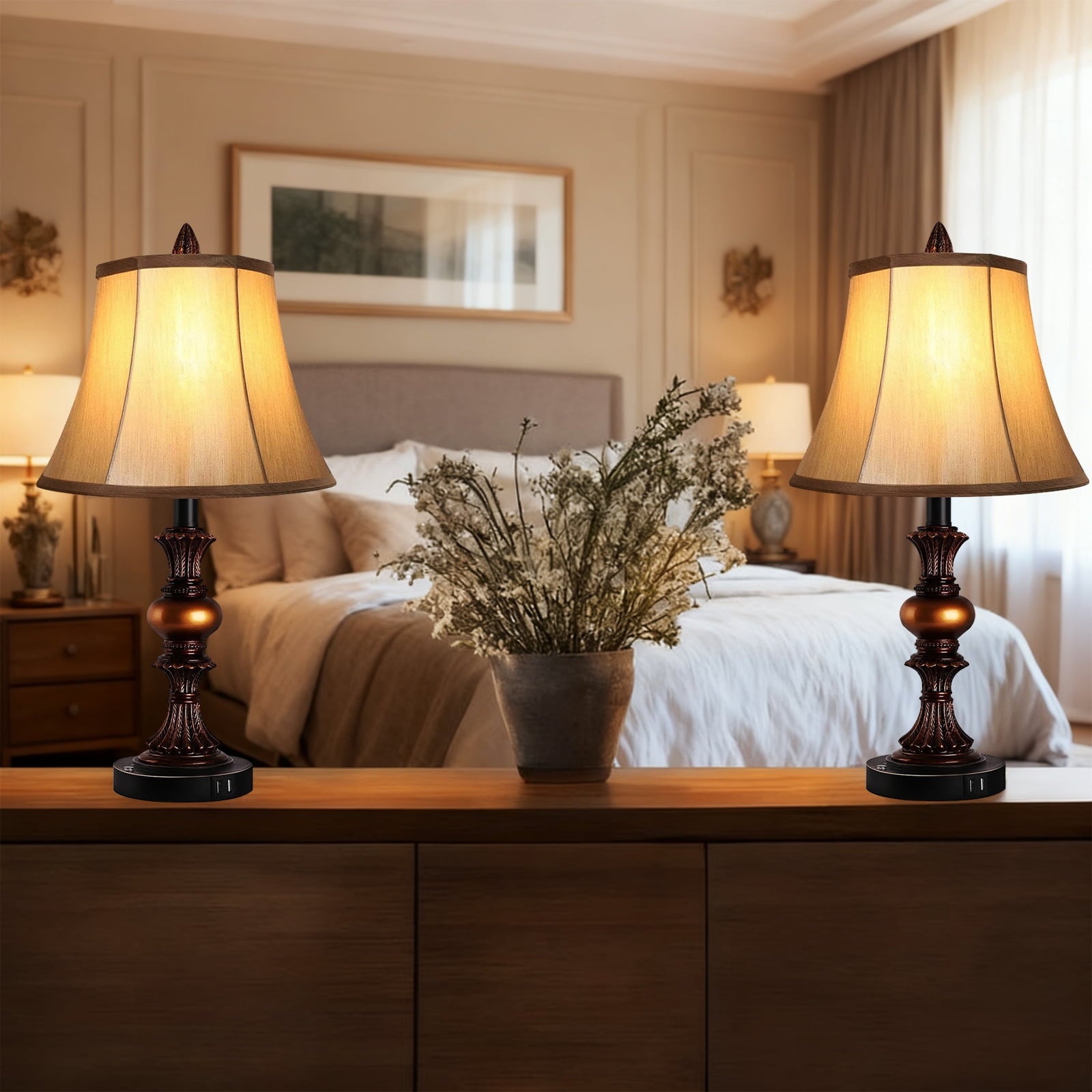 Skdwakiz 22" Table Lamps Set of 2, Lamps for Bedroom with USB Charging Ports, 3 Way Dimmable Touch with Linen Fabric Lampshade, Modern Small Table Lamp for Nightstand, Living Room (Bulbs Include)