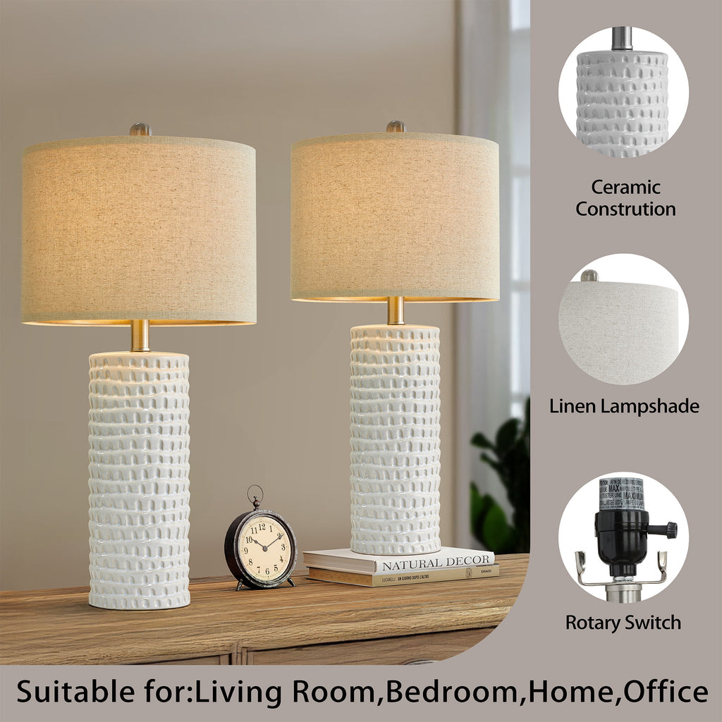 Oneach Ceramic Table Lamps Set of 2 for Living Room Bedroom Study 24.5" Modern White Bedside Nightstand Lamp