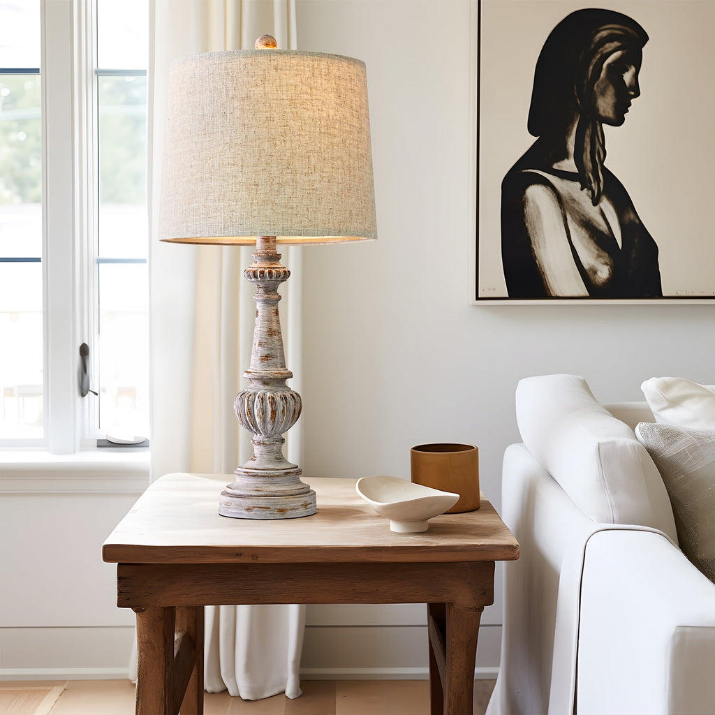 Oneach Rustic Table Lamp Set of 2 for Bedroom Living Room 24.5" Farmhouse Resin Bedside Nightstands Lamps with Linen Drum Shade