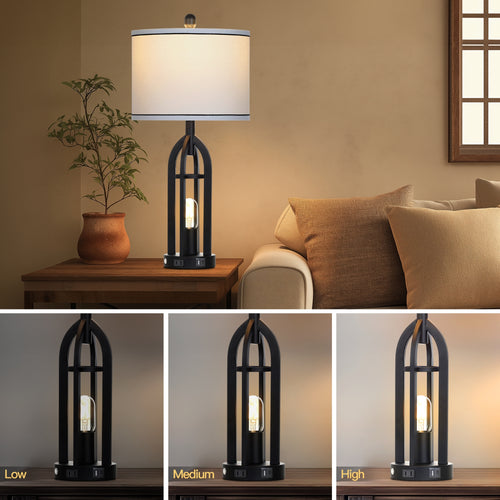 Cinkeda 3 Way Dimmable Table Lamp Set of 2 with AC Outlet USB A+C Charging Ports Touch Control Nightlight for Bedroom Living Room 27" Industrial Black Bedside Nightstand Lamps