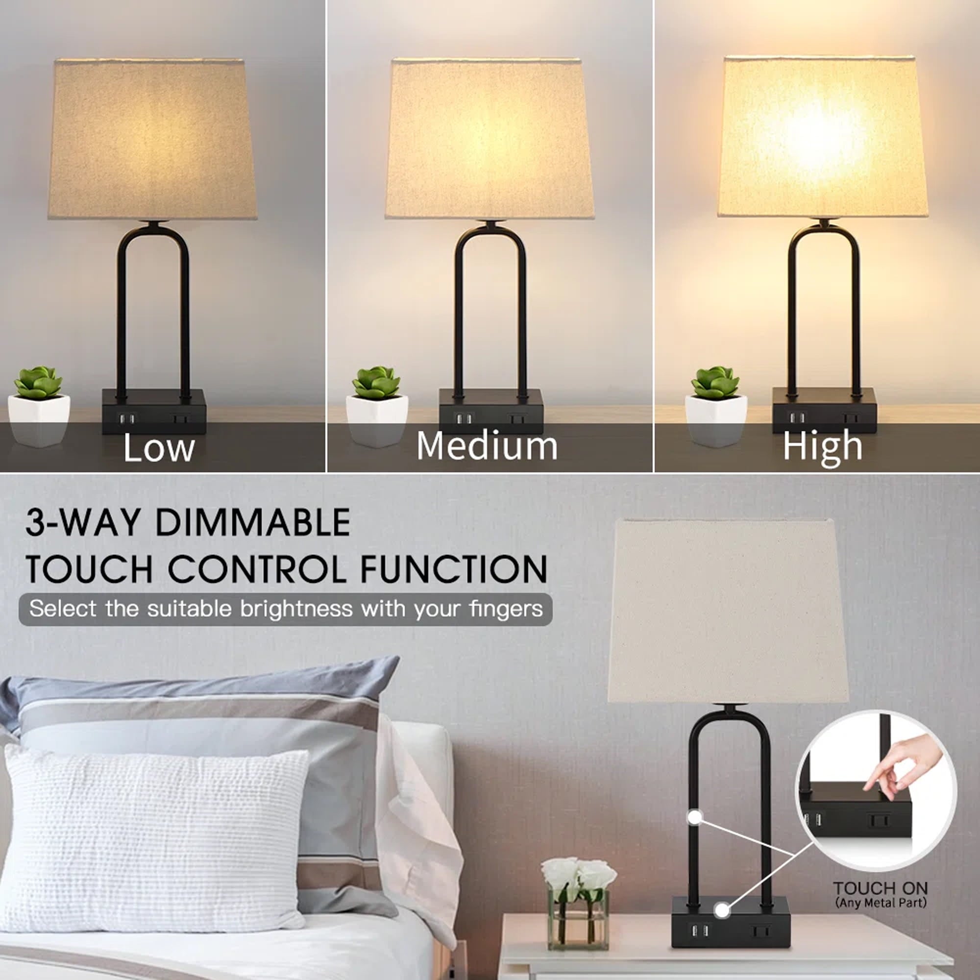 Cinkeda 3 Way Dimmable Touch Table Lamps Set of 2 with USB Ports AC Outlet 18" Modern Black Metal Bedside Nightstand Lamp for Living Room Bedroom Office