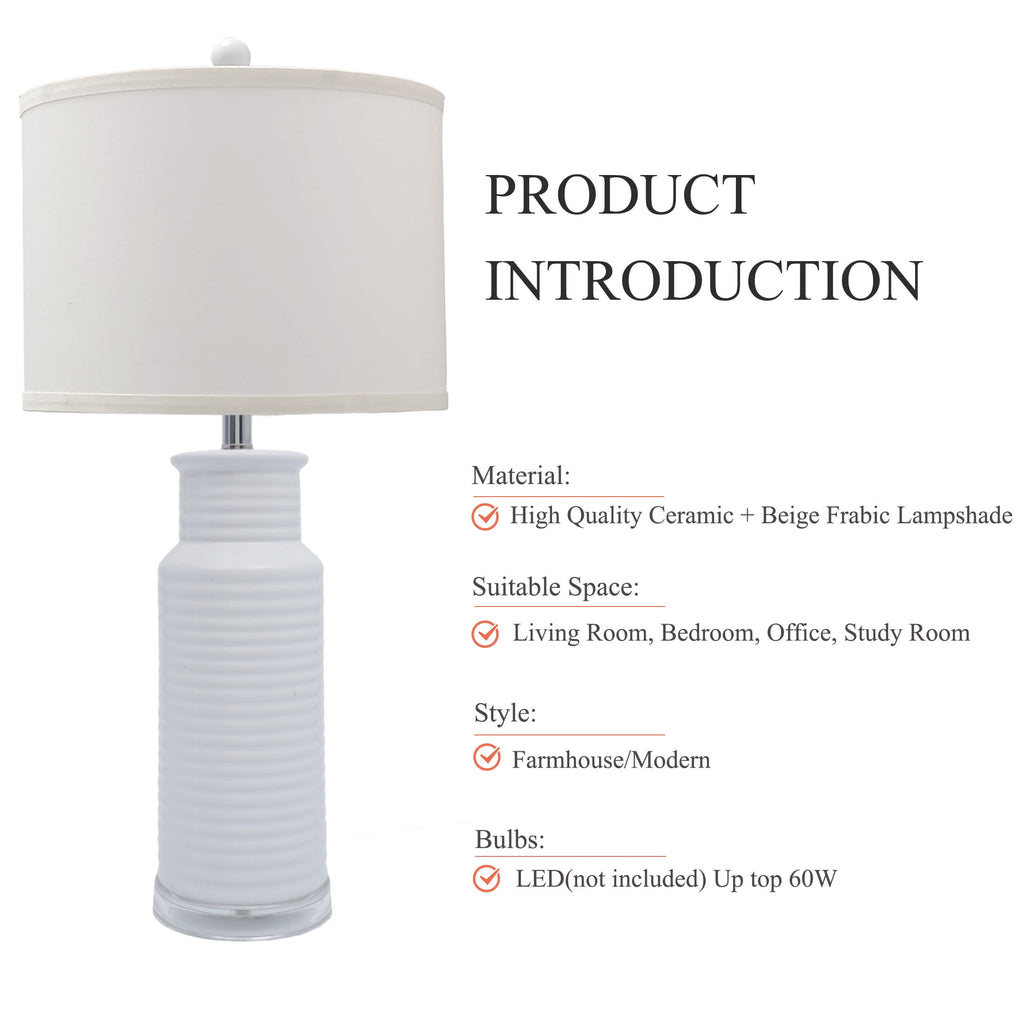 Tnuyoah Modern Table Lamps Set of 2, Living Room Retro White Ceramic Lamp - 28'' Farmhouse Beside Nightstand Lamps for Bedroom with Fabric Shade, Rotary Switch, Bulbs Not Included