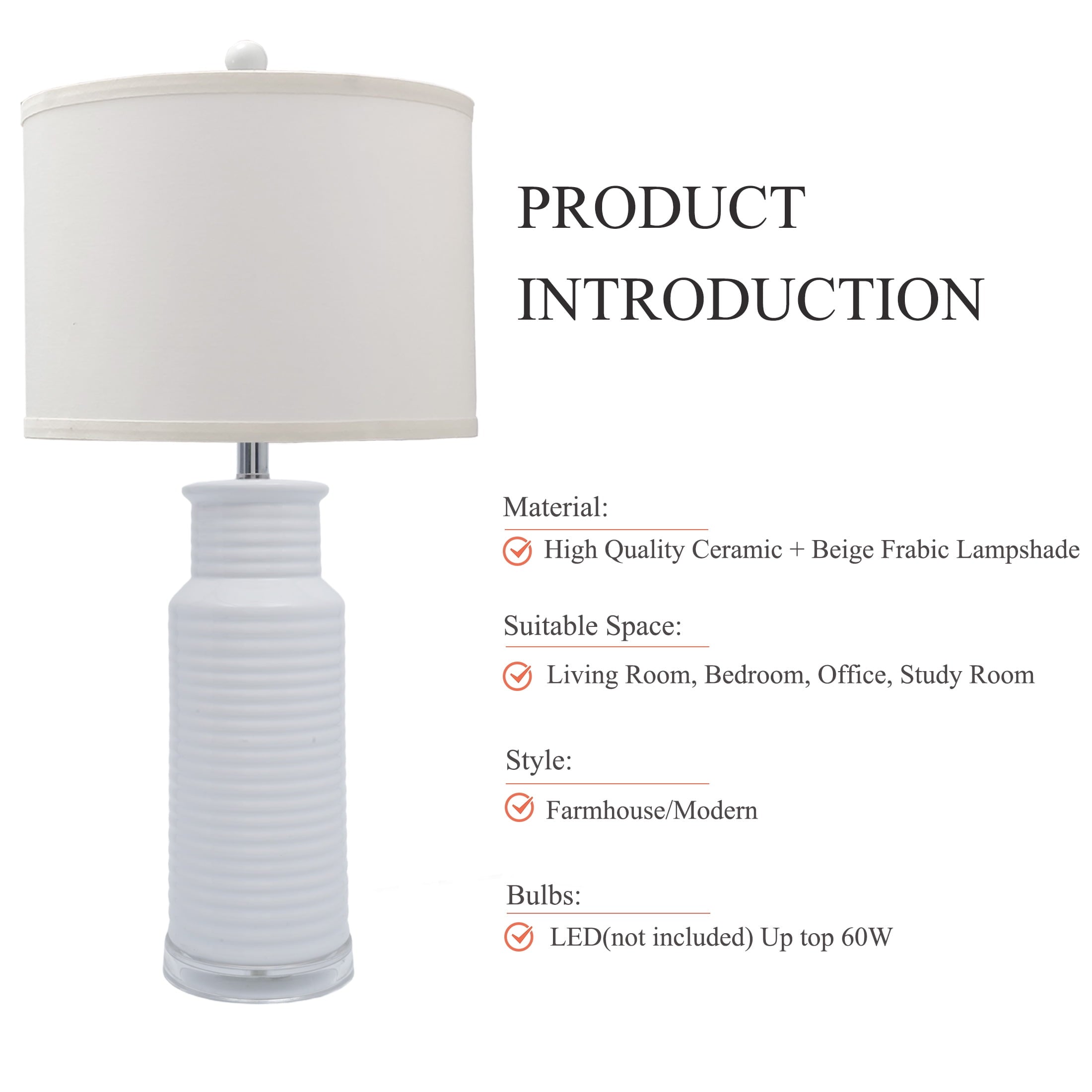 Tnuyoah Modern Table Lamps Set of 2, Living Room Retro White Ceramic Lamp - 28'' Farmhouse Beside Nightstand Lamps for Bedroom with Fabric Shade, Rotary Switch, Bulbs Not Included