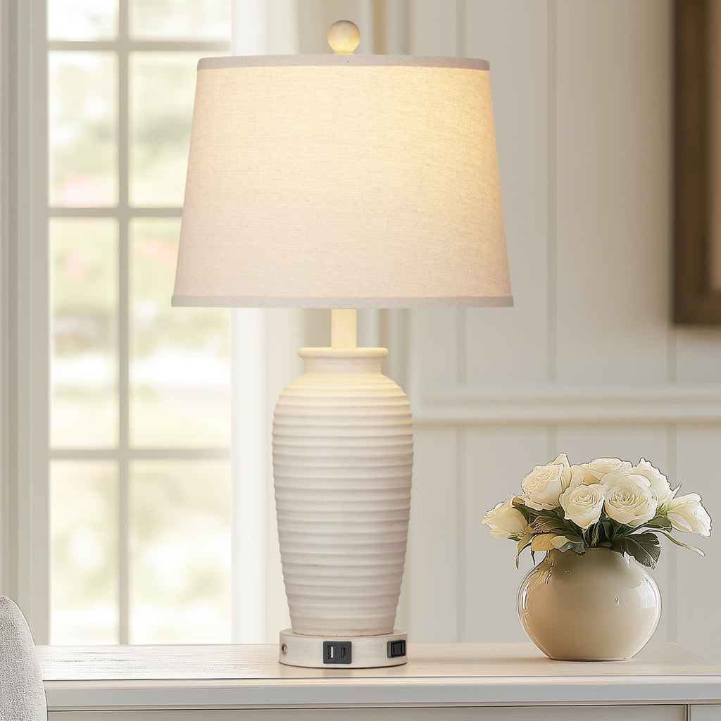 Cinkeda 3 Way Dimmable Jar Table Lamp with USB A+C Ports AC Outlet for Bedroom Living Room Modern Farmhouse Touch Control Resin Single Bedside Nightstand Lamp