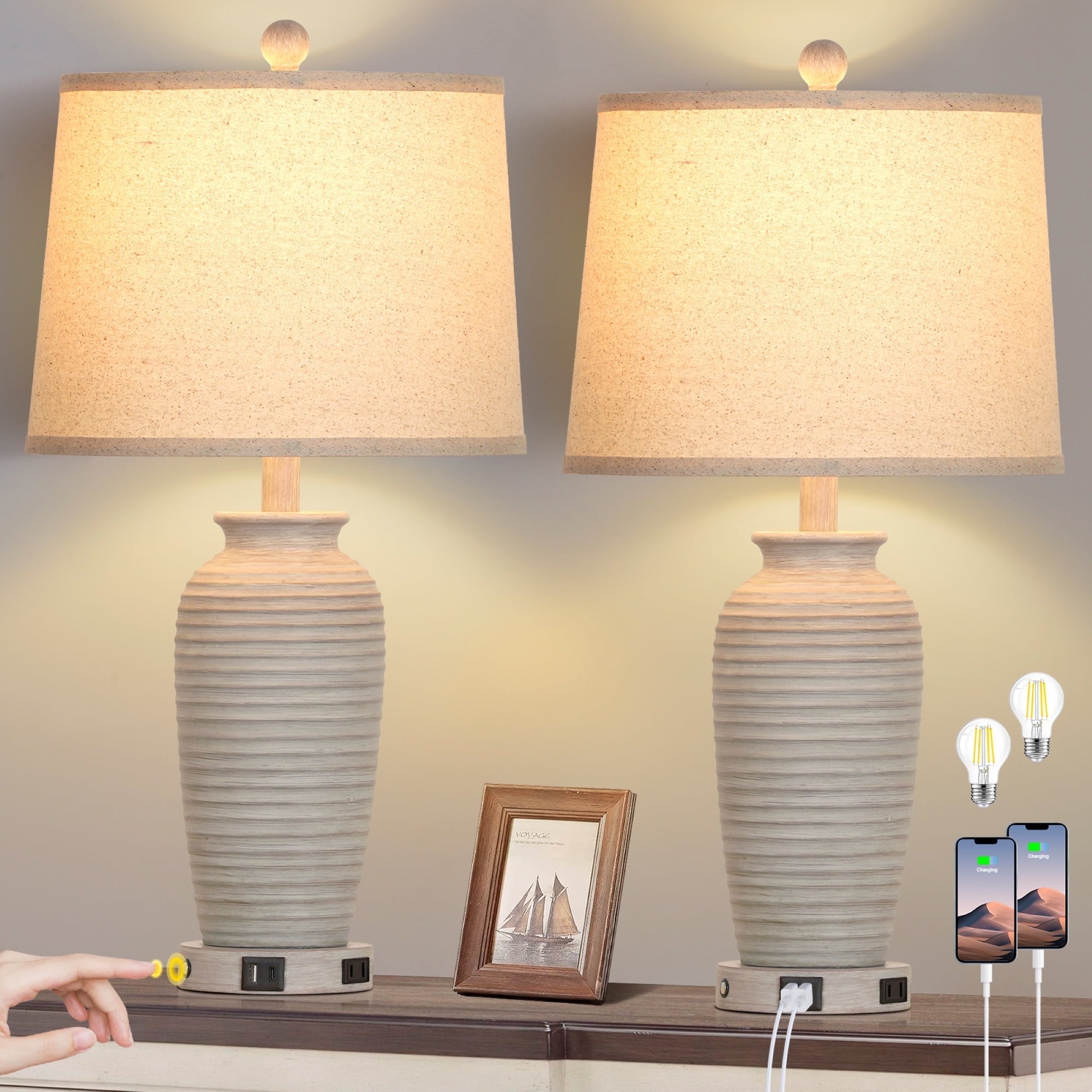 Cinkeda 25" Farmhouse Jar Table Lamps for Living Room Bedroom Set of 2 with USB A+C Ports AC Outlet 3 Way Dimmable Touch Control Resin Bedside Nightstand Lamp