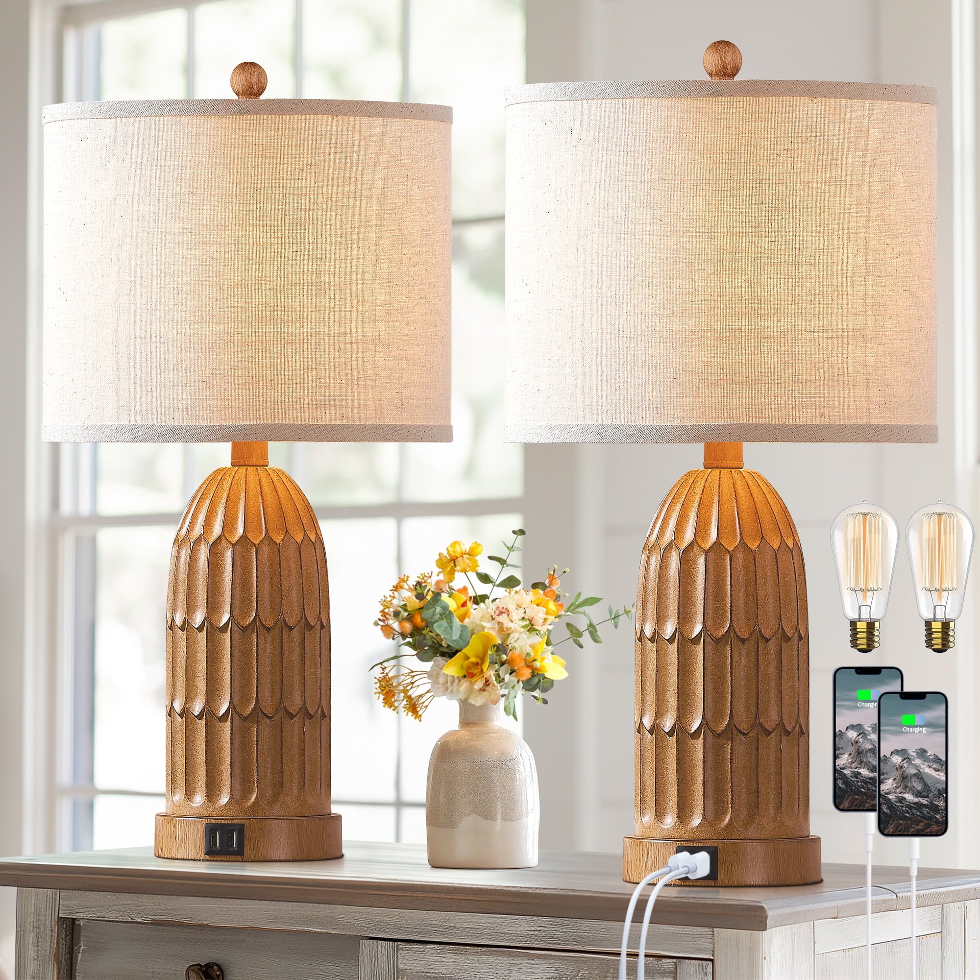 Cinkeda Table Lamp Set of 2 with 2 USB Charging Ports,3 Way Dimmable Rustic White Bedside Nightstand Lamps for Bedroom Living Room