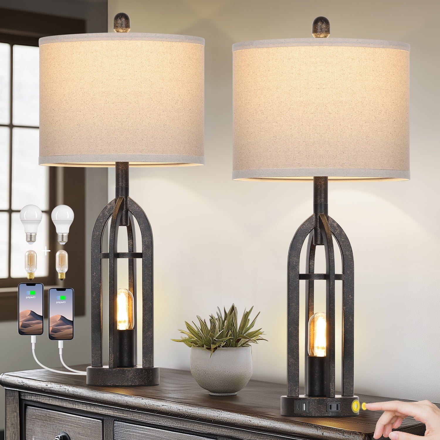 Cinkeda 3 Way Dimmable Table Lamp Set of 2 with AC Outlet USB A+C Charging Ports Touch Control Nightlight for Bedroom Living Room 27" Industrial Black Bedside Nightstand Lamps