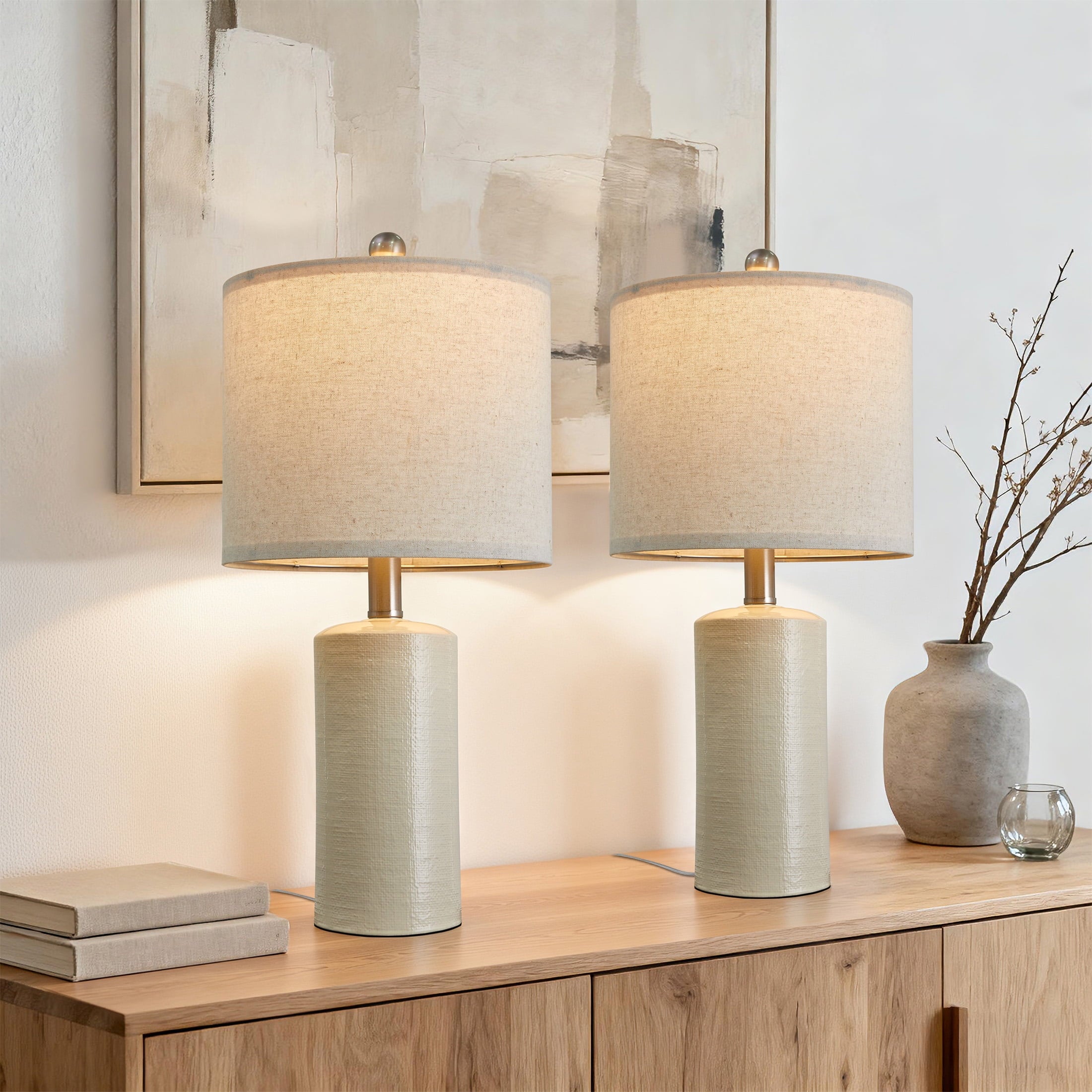 Oneach Modern Table Lamp Set of 2 for Living Room 20.25" Farmhouse Green Ceramic Bedside Nightstand Lamps for Bedroom