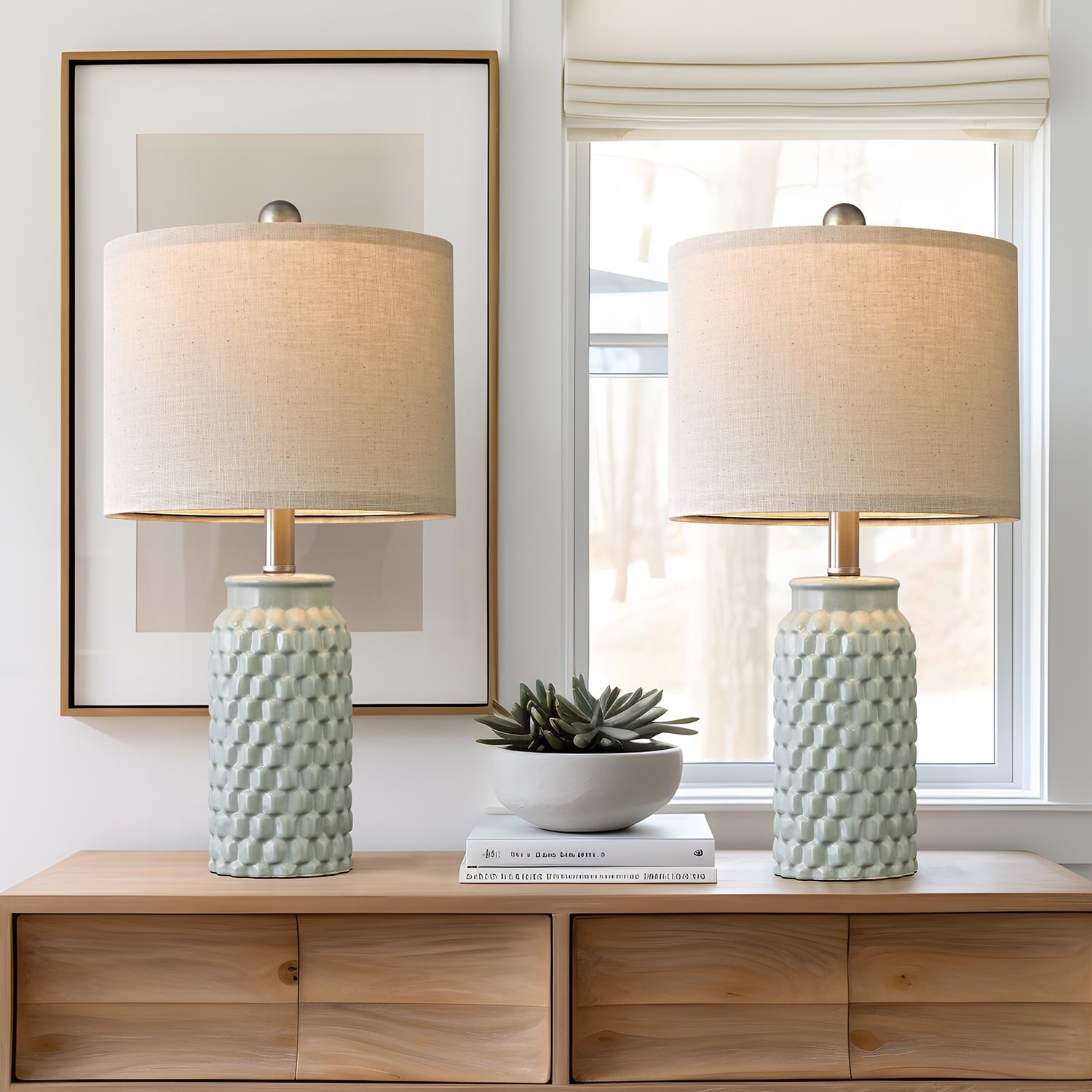 Oneach Modern Table Lamp Set of 2 for Bedroom Living Room 20.5" Contemporary Dark Blue Ceramic Bedside Nightstand Lamps