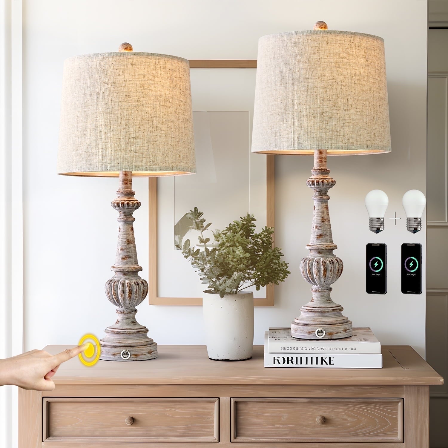 Oneach Rustic Table Lamp Set of 2 for Bedroom Living Room 24.5" Farmhouse Resin Bedside Nightstands Lamps with Linen Drum Shade