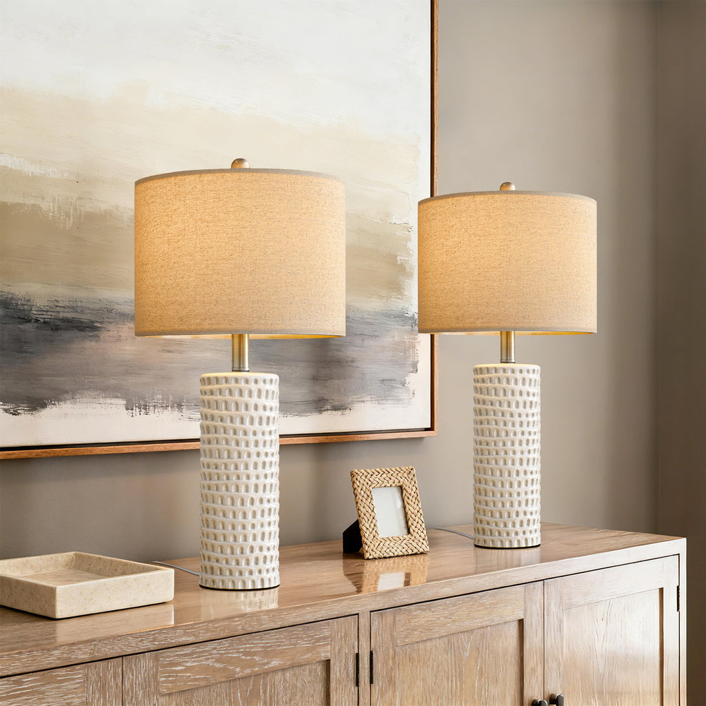 Oneach Ceramic Table Lamp Set of 2 24" White Contemporary Bedside Nightstand Lamps for Bedroom Living Room