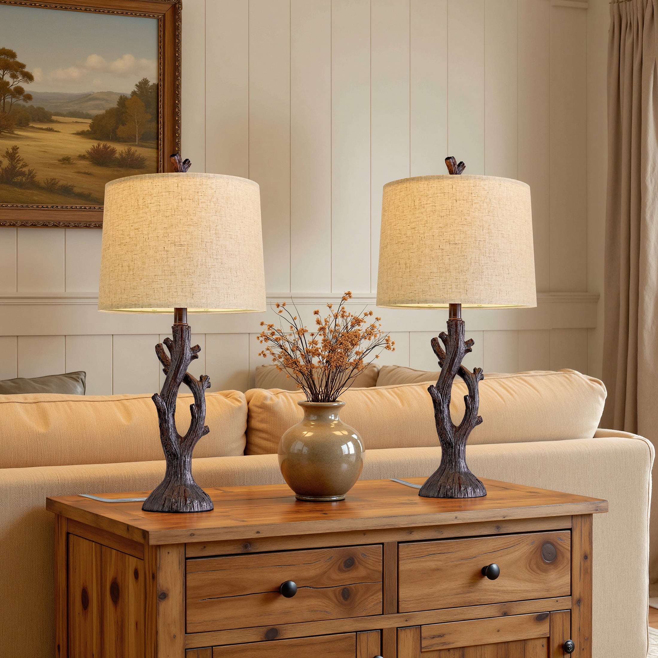 Oneach 25.5" Farmhouse Table Lamp Set of 2 for Bedroom Living Room Bedside Nightstand Lamps Resin Retro