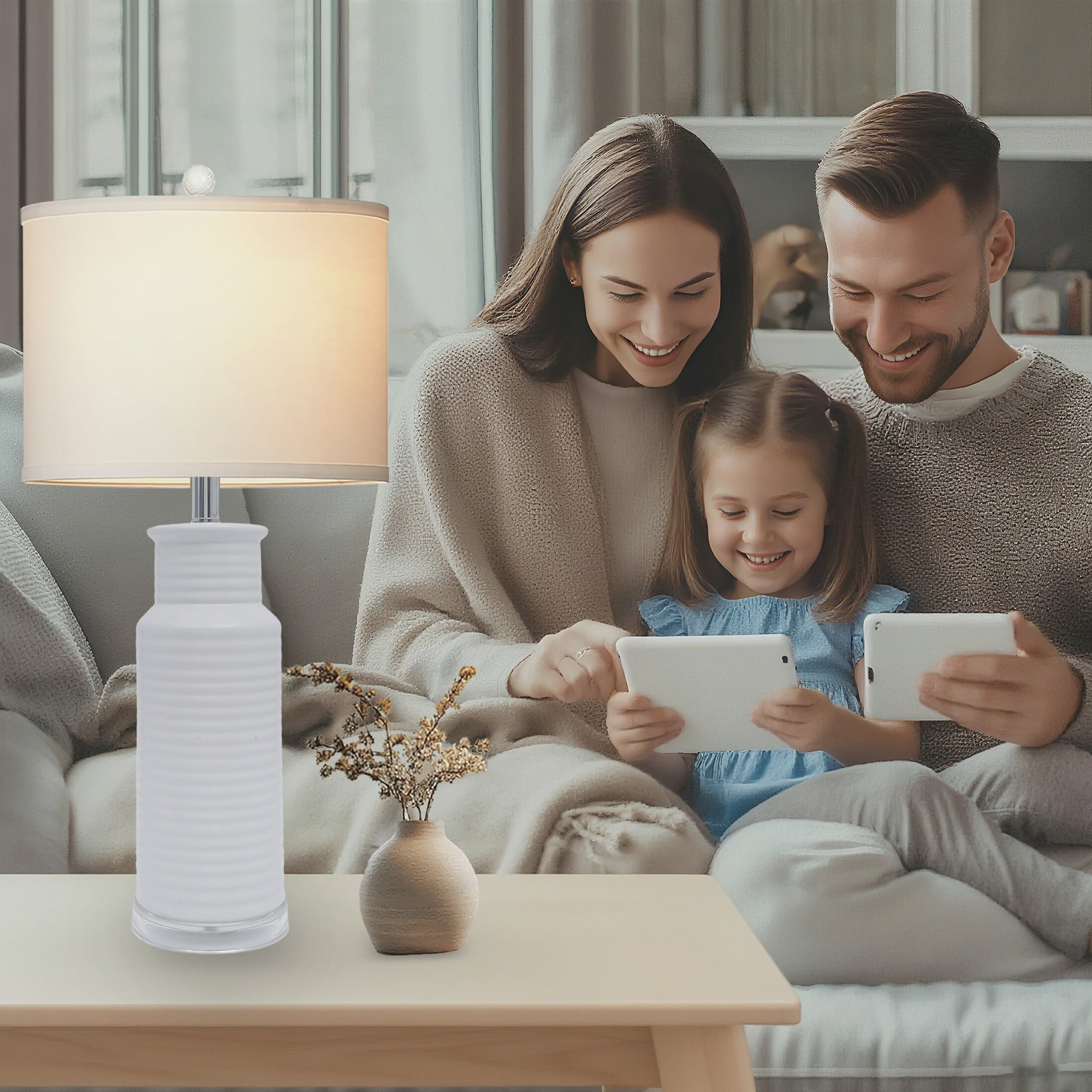 Tnuyoah Modern Table Lamps Set of 2, Living Room Retro White Ceramic Lamp - 28'' Farmhouse Beside Nightstand Lamps for Bedroom with Fabric Shade, Rotary Switch, Bulbs Not Included