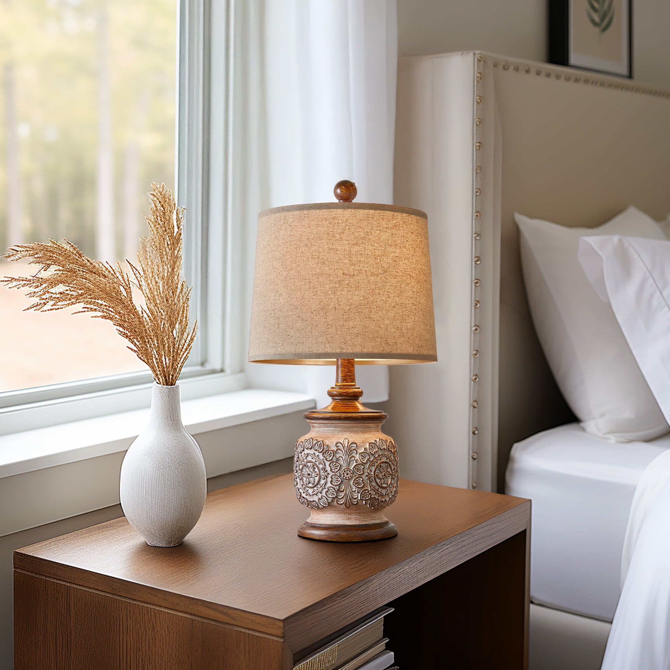 Oneach Vintage Table Lamps Bedside Lamp Set of 2 for Bedroom Living Room 18.75" Retro Farmhouse Floral Nightstands Lamps Resin