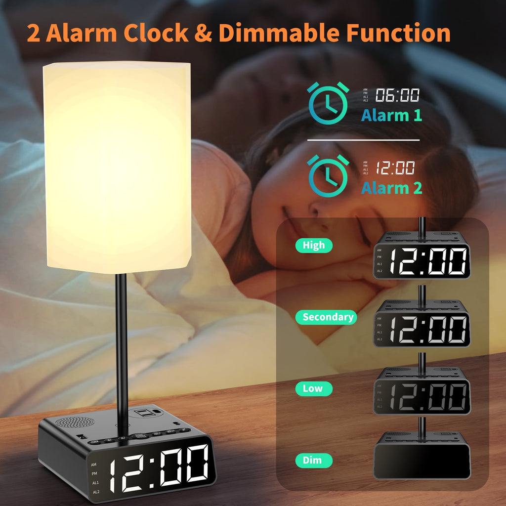 Black Alarm Clock Table Lamp, 3-way Dimmable Bedside Lamp with USB Port, Speaker and Radio - Touch Control, Suitable for Study Room, Bedroom