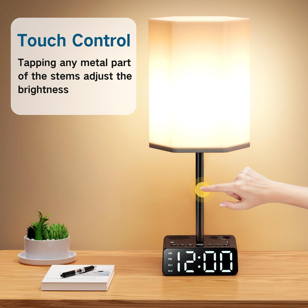 Black Alarm Clock Table Lamp, 3-way Dimmable Bedside Lamp with USB Port, Speaker and Radio - Touch Control, Suitable for Study Room, Bedroom