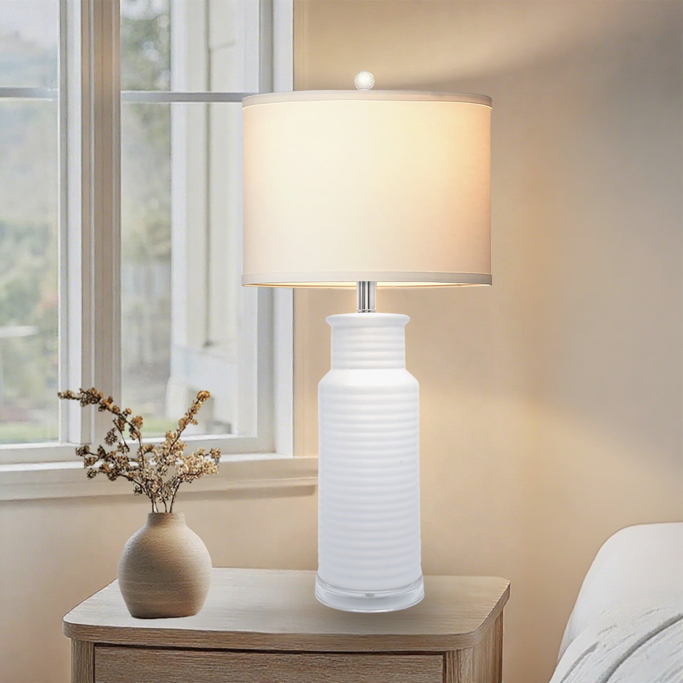 Tnuyoah Modern Table Lamps Set of 2, Living Room Retro White Ceramic Lamp - 28'' Farmhouse Beside Nightstand Lamps for Bedroom with Fabric Shade, Rotary Switch, Bulbs Not Included