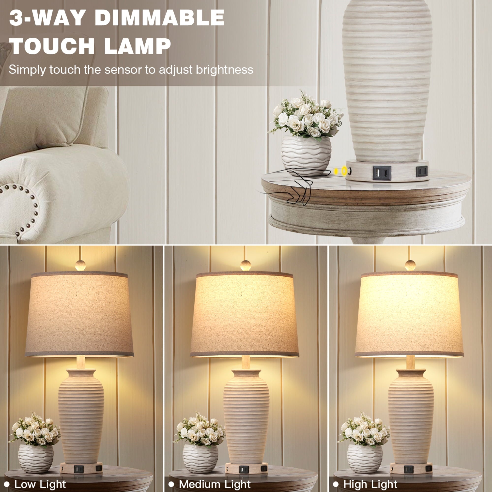 Cinkeda 25" Farmhouse Jar Table Lamps for Living Room Bedroom Set of 2 with USB A+C Ports AC Outlet 3 Way Dimmable Touch Control Resin Bedside Nightstand Lamp