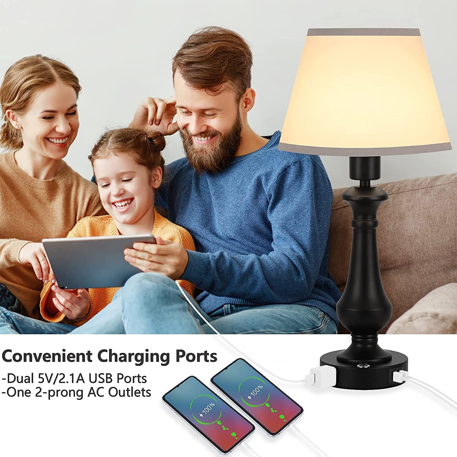 Oumilen Set of 2 Touch Sensor Touch Control Table Lamp, with 2 USB Charging Port, Black