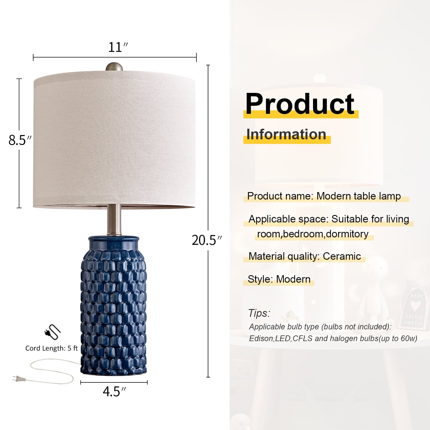 Oneach Modern Table Lamp Set of 2 for Bedroom Living Room 20.5" Contemporary Dark Blue Ceramic Bedside Nightstand Lamps