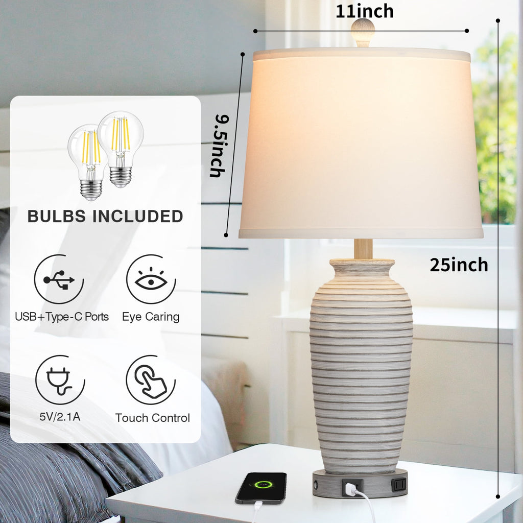 Cinkeda Farmhouse Jar Table Lamp Set of 2 with USB A+C Ports & AC Outlet, 3-Way Dimmable Touch Control, Resin for Bedroom Nightstand
