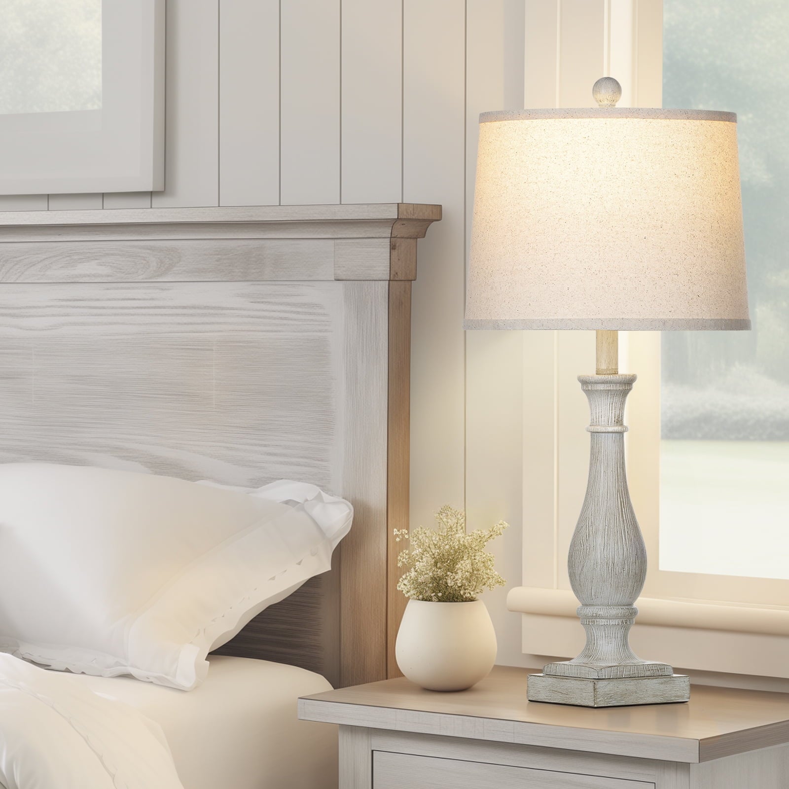 Cinkeda Table Lamp Set of 2 with 2 USB Charging Ports,3 Way Dimmable Rustic White Bedside Nightstand Lamps for Bedroom Living Room