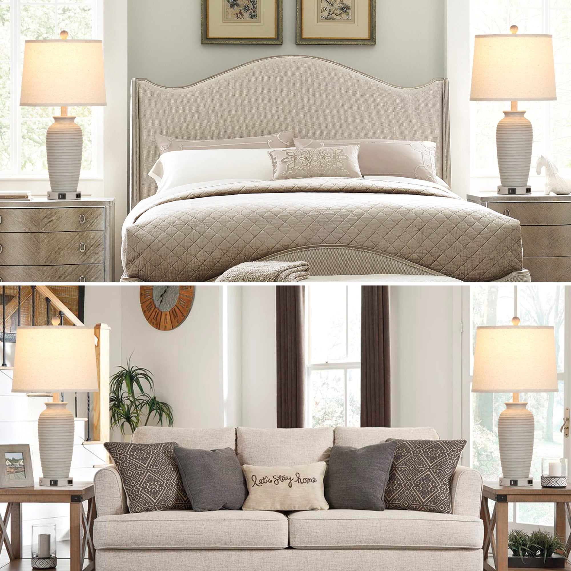 Cinkeda 25" Farmhouse Jar Table Lamps for Living Room Bedroom Set of 2 with USB A+C Ports AC Outlet 3 Way Dimmable Touch Control Resin Bedside Nightstand Lamp