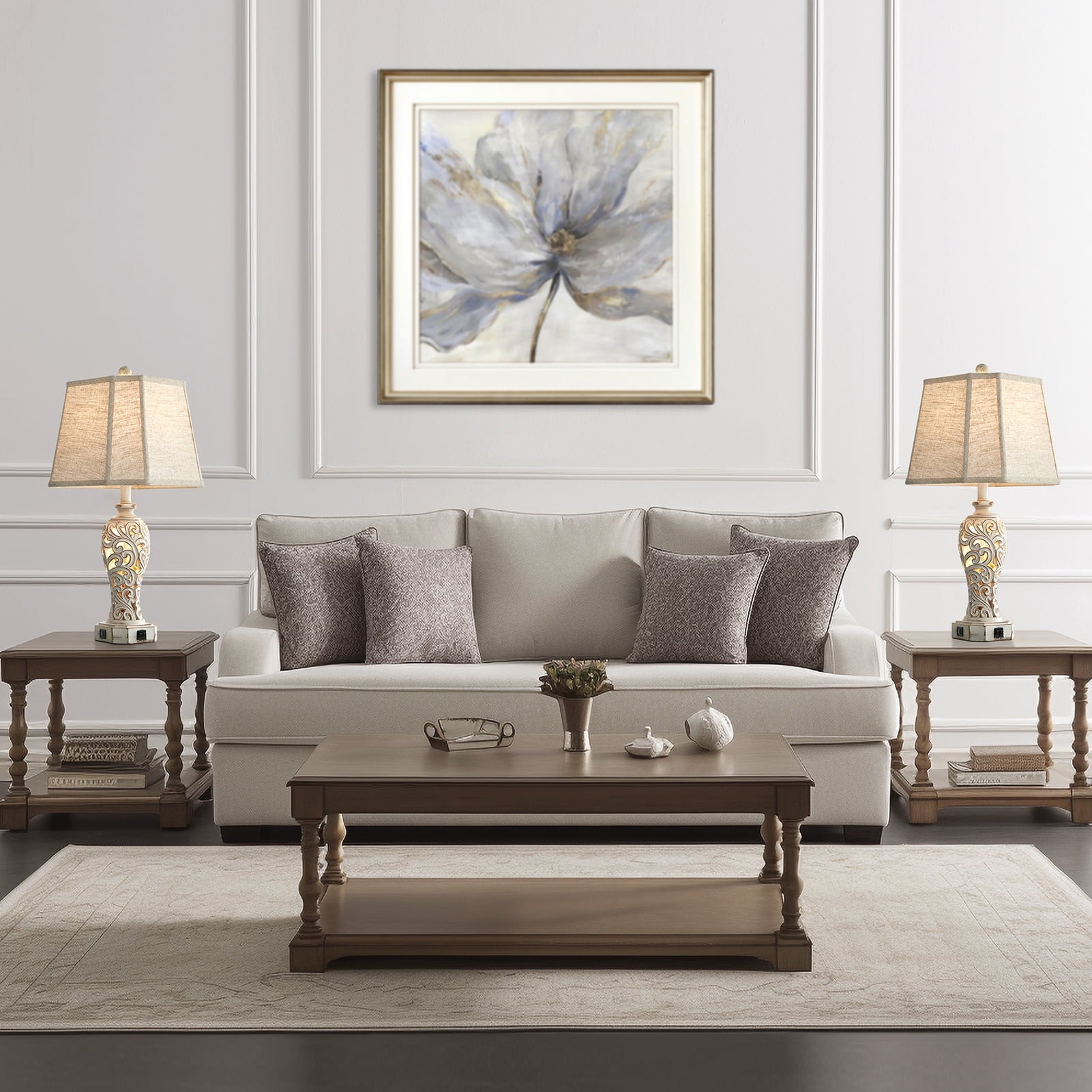 RORIA 25" Two-Piece Modern Table Lamp for Living Room Bedroom Nightstand, Country Farmhouse Vintage Bedside Lamp with 2 USB Charging Ports, Hollow Resin with Night Light