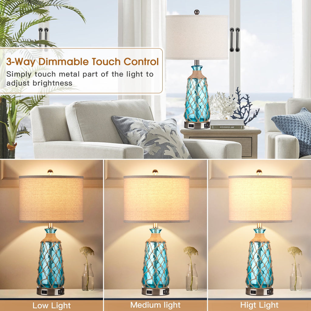 Cinkeda Coastal Table Lamps Set of 2 with USB C & A Charging Ports & AC Outlet - 3-Way Dimmable Touch Control Bedside Lamps,25" Tall, Glass